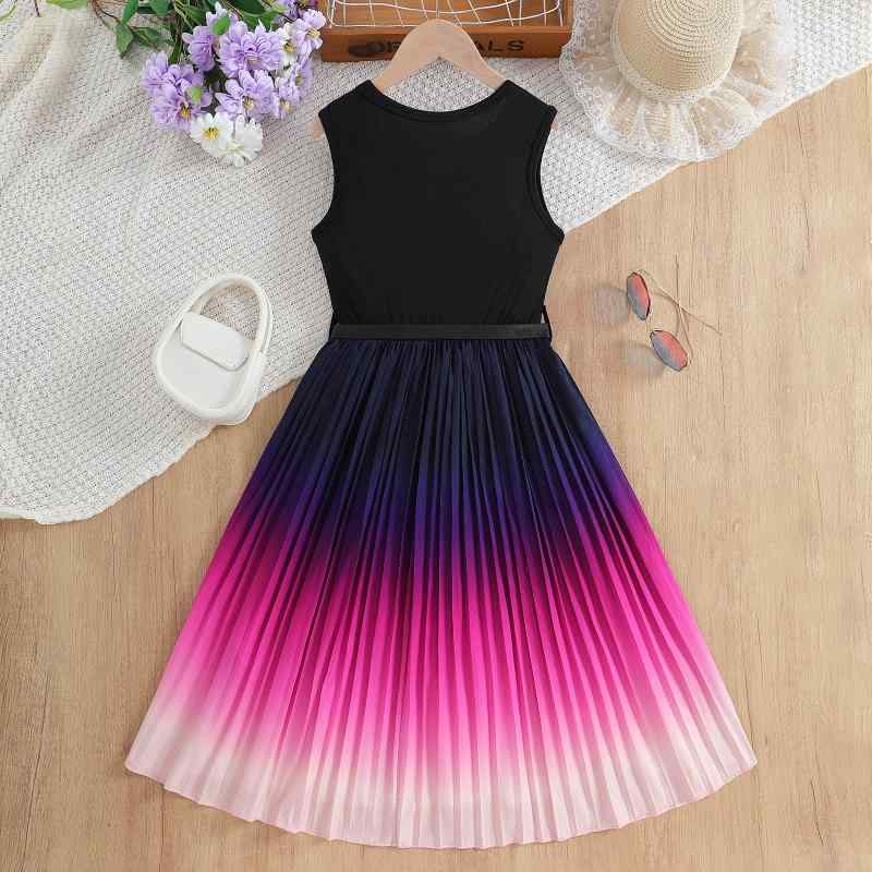 ワンピース ガールズ 黒紫色 ぼかし染め チュールスカート ウエストリボン 韓国風 子供服 膝丈 プリン..
