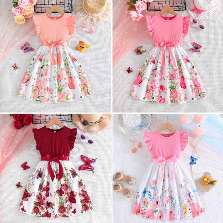 ワンピース キッズ 女の子 蝶柄プリント 無地 ノースリーブ 木耳フリル袖口 Aライン 膝丈 ポリエステル..