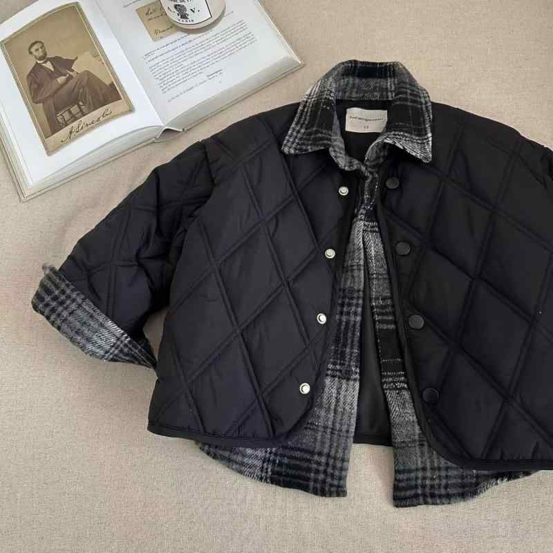 子供用ジャケット 男の子 中綿入り あったか アウター 冬服 チェック柄 ブラック系