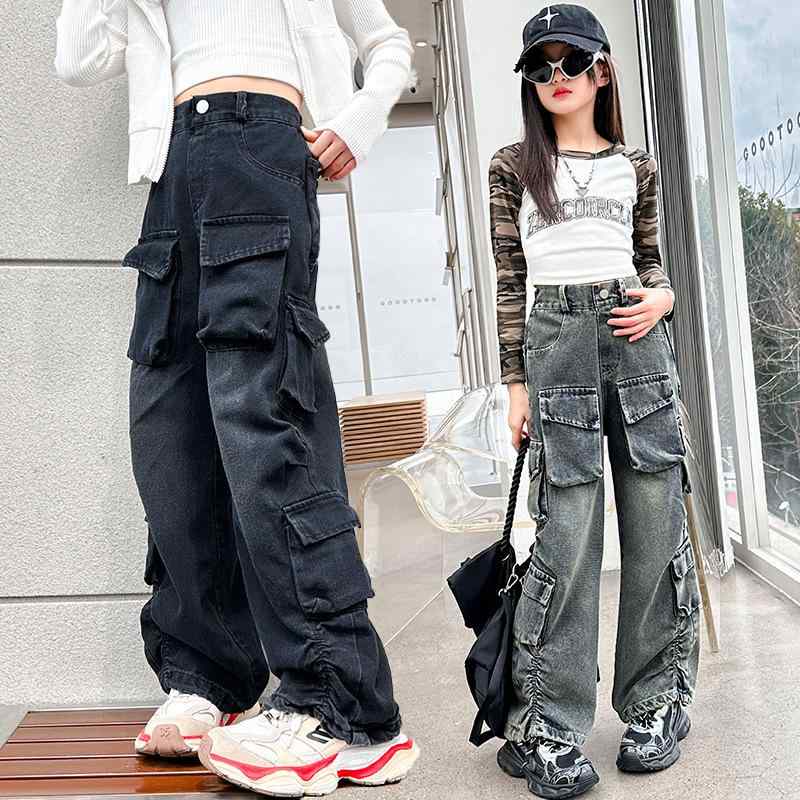 子供服 デニムパンツ ガールズ ワイドパンツ ロングパンツ カーゴパンツ ウエストゴム コットン 春秋 120cm 130cm 140cm 150cm 160cm 170cm ブラック ブルー