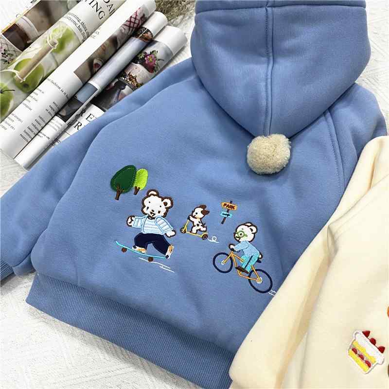 子供服 アウター 男女兼用 ボアジャケット クマ柄 裏起毛 防寒着 長袖 ミドル丈 コットン 湖ブルー アイボリー