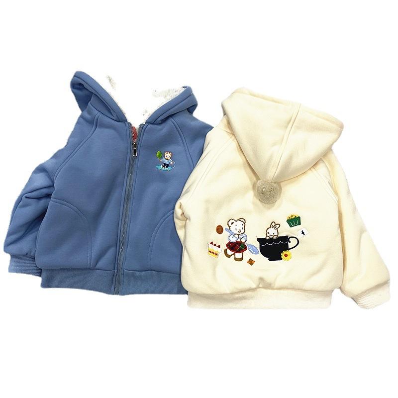 子供服 アウター 男女兼用 ボアジャケット クマ柄 裏起毛 防寒着 長袖 ミドル丈 コットン 湖ブルー アイボリー