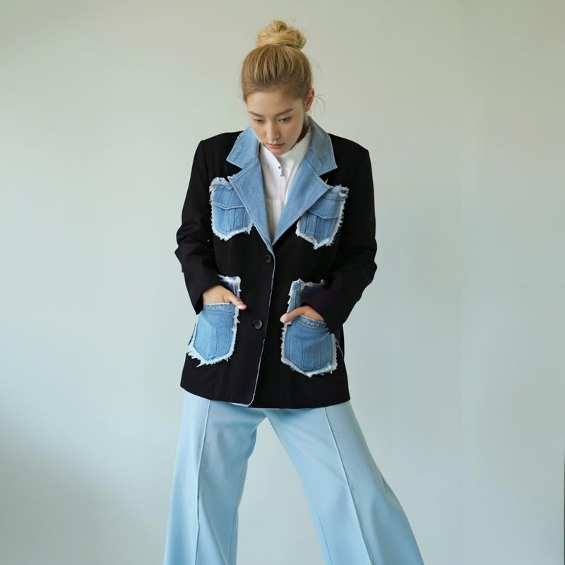 ジャケット レディース デニム切り替え 春物 テーラードジャケット ゆったりシルエット 杏色