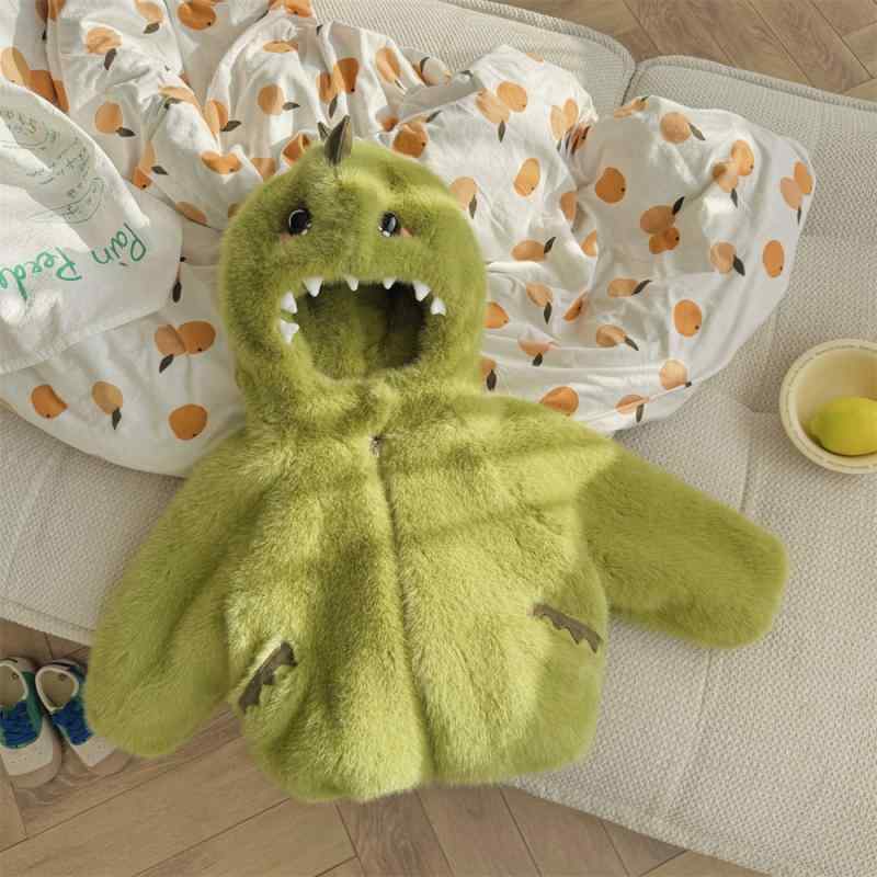 子供用アウター ジャケット フード付きボアジャケット 裏起毛 中綿入り 厚手 緑 ピンク 恐竜柄 男女兼用