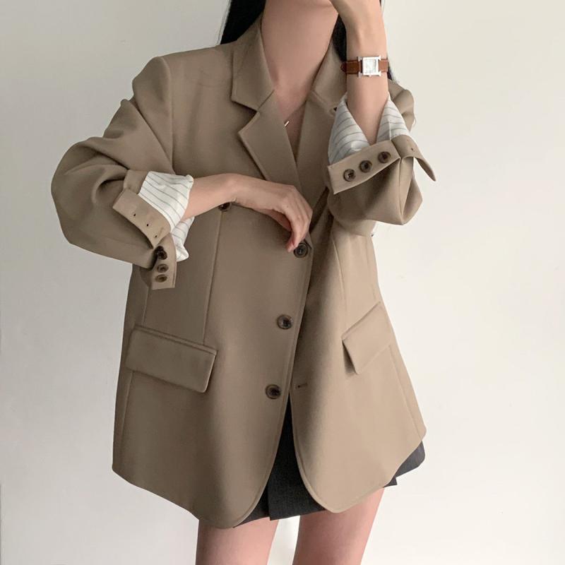 乐天商城 - ジャケット レディース 秋物 韓国風 通勤 ブリティッシュスタイル 配色 ゆったり シングルブレスト テーラード 普段使い ポリエステル カーキ ブラウン グレー