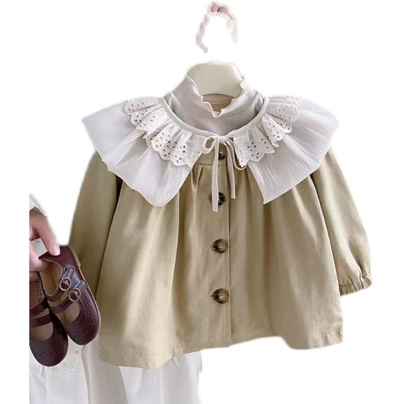 Other - 子供用コート・ジャケット・アウター ガールズ 春秋 中長丈 子供服 韓国風 トップス ベビー服 かわいい 無地 レース フリル 杏色 ブラック 綿