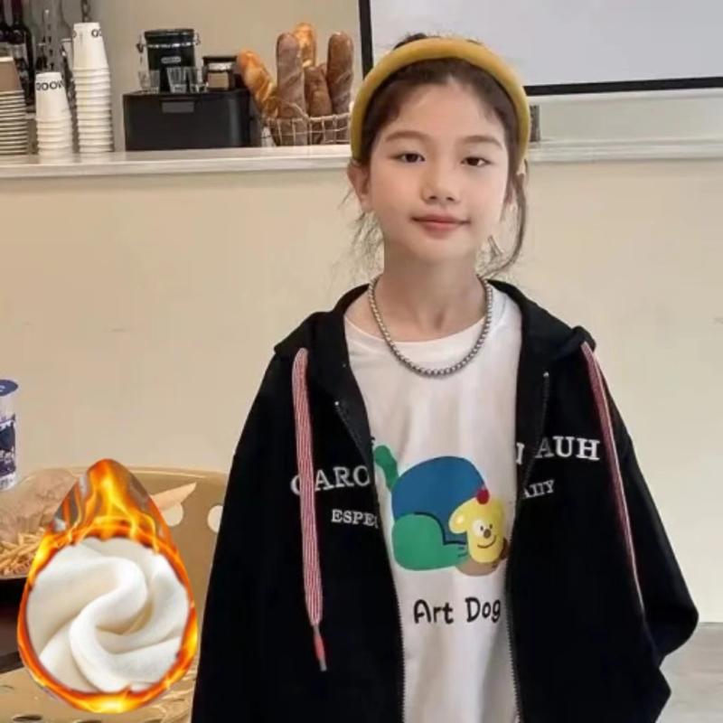 子供用アウター 女の子 裏起毛パーカー 秋冬 中学生以上 フード付き ジャンパー トップス ゆったりシルエット アルファベット柄 ピンク系 ブラック系