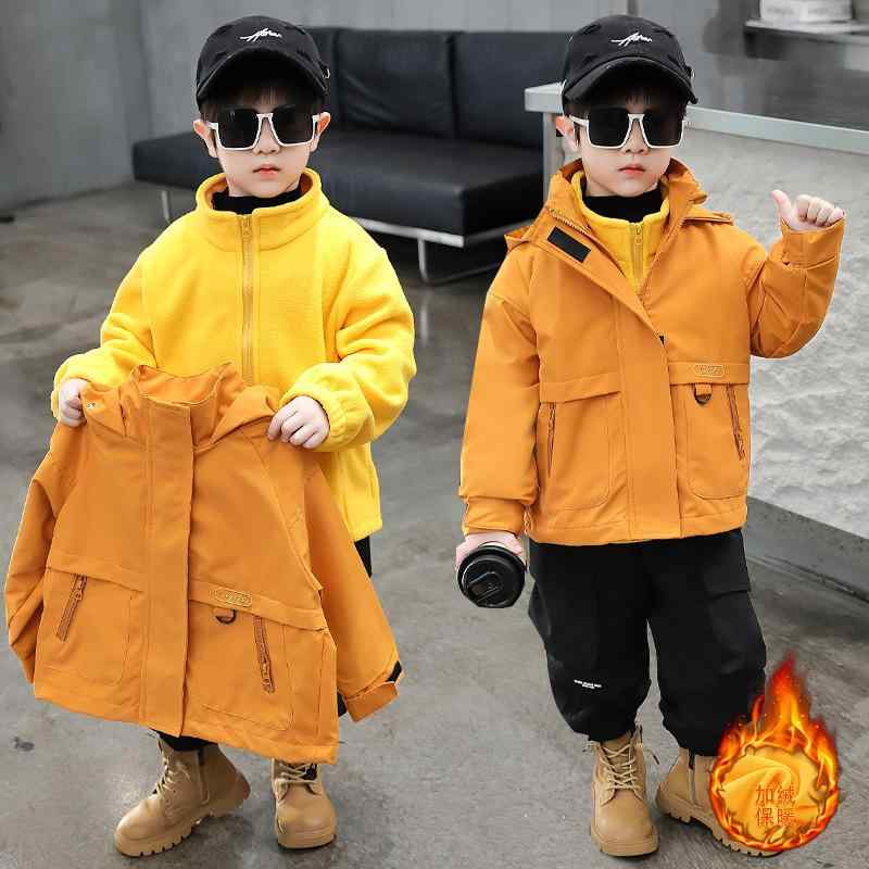 キッズ アウター 子供用 3way マウンテンパーカー 秋冬 防寒着 フリースジャケット 男の子 ボーイズ 無地 90cm 100cm 110cm 120cm 130cm 140cm 150cm イエロー