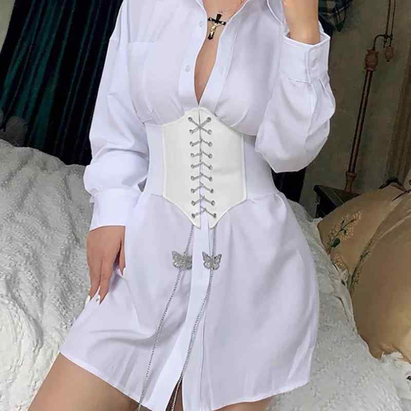 女用 - ベルト レディース ウエストマーク 太ベルト ワイド 婦人 フェイクレザー コルセット風 チェーン ブラック レッド ホワイト ピンク コーヒー色