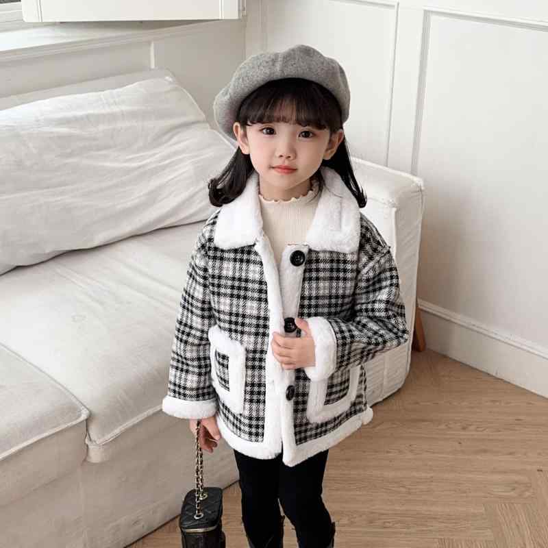 子供服 アウター 女の子 Vネック 裏起毛 チェック柄 コート 厚手 秋冬 韓国風 子供 キッズ 女児 防寒 普段着 80 90 100 110 120 130 140 150cm