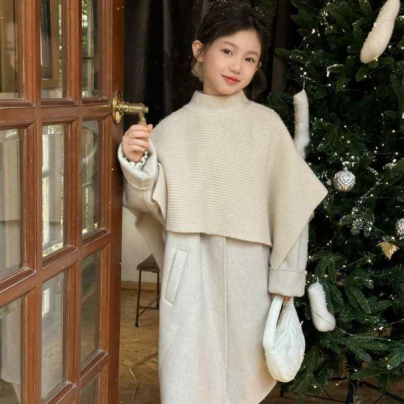 子供服 ウールコート 女の子 ミドル丈 取り外し可能 ショール付き アウター 冬物 ベージュ系 ブラウン系 100cm 110cm 120cm 130cm 140cm 150cm 160cm