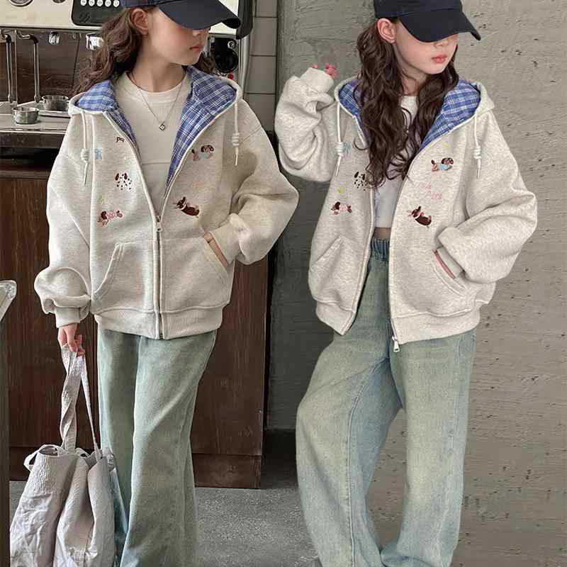 子供服 ジャケット 女の子 パーカー アウター フード付き カジュアル 長袖 トップス 刺繍 綿混紡 グレー 120cm 130cm 140cm 150cm 160cm 170cm