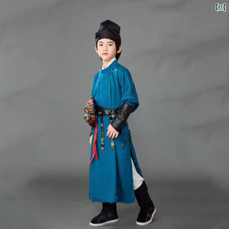 チャイナドレス キッズ 子供 男の子 唐装 漢服 中華風 古風 コスプレ 衣装 撮影用 春秋 冬 ポリエステル ブルー — vista 3