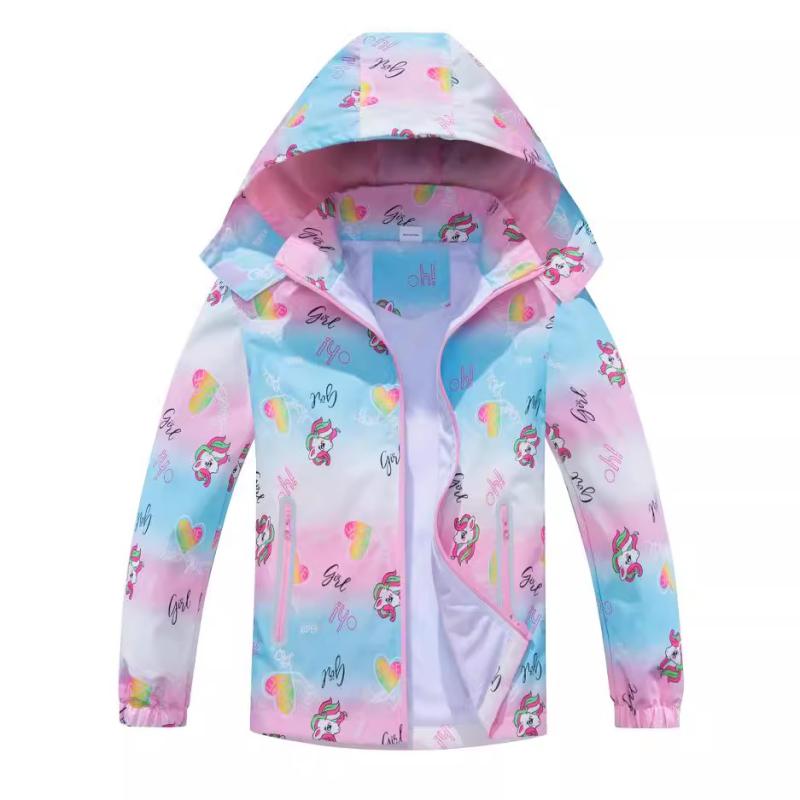 キッズ アウター ジャケット 春秋 男女兼用 子供服 恐竜 プリント グラデーションカラー アウトドア 防水 防風 取り外し可能 フード付き ジップアップ 蛍光色 90cm 100cm 110cm 120cm 130cm 140cm