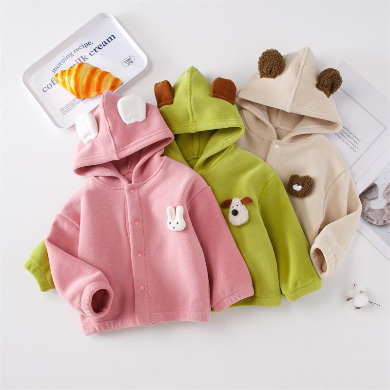 子供服 フリース ジャケット 春秋 ベビー キッズ 女の子 かわいい 動物柄 パーカー 80 90 100 110 120 ピンク グリーン ベージュ 湖色 紫