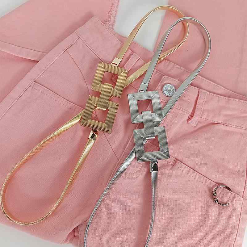 ベルト レディース メタルチェーン ウエストチェーン スプリング ゴム ファッション おしゃれ 普段使い シルバー 銀色 ゴールド 金色 細め