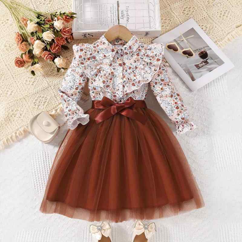 ワンピース 女の子 長袖 花柄 プリント チュール ギャザー ウエストベルト 春秋 プリンセススタイル 膝..