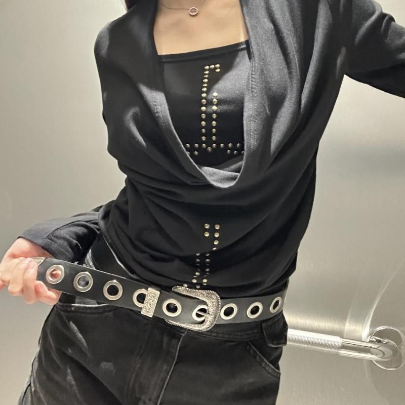 ベルト レディース パンク PUレザー 合金 バックル デニム ワイドパンツ カジュアル ブラック