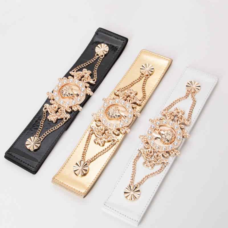 ベルト レディース ファッション パール 美人モチーフ メタル飾り ウエストマーク ゴムベルト スタイルアップ 伸縮性 フェイクレザー ブラック ホワイト ゴールド 秋冬