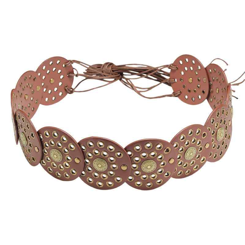 ベルト レディース ボヘミアン エスニック風 スタッズ ウエストマーク ロープ サッシュベルト ウエストチェーン レザー調 ブラック 黒 ブラウン 茶色 春夏秋冬