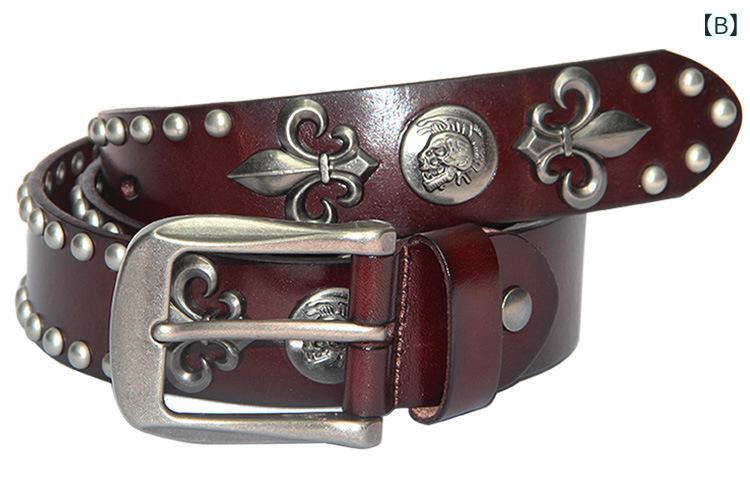 ベルト 男性用 本革 スカル ドクロ 髑髏 パンク ロック スタッズ 鋲 個性的 ブラック 黒 ブラウン 茶 コーヒー 焦茶 幅広 普段使い カジュアル(x2)