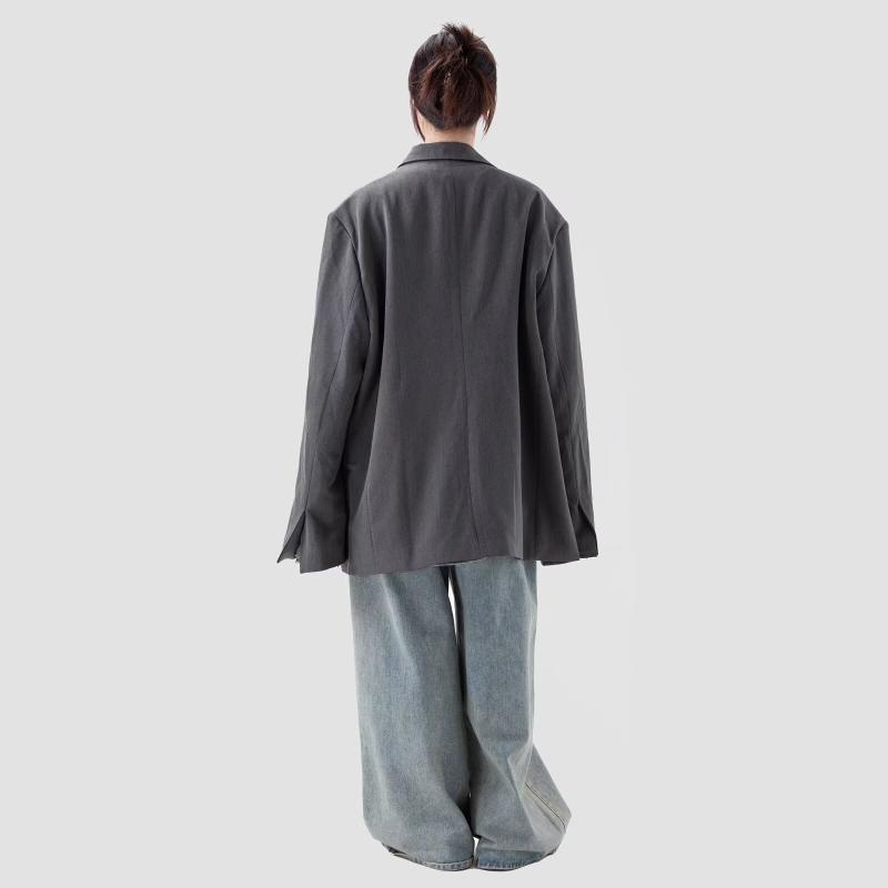 ジャケット レディース テーラード 韓国風 ゆったり ストリート カジュアル レトロ ポリエステル 黒 ブラック グレー