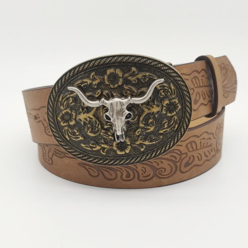 ベルト 男性用 ウエスタン カウボーイ PUレザー 合金 バックル オートロック式 幅広 レトロ ヴィンテー..