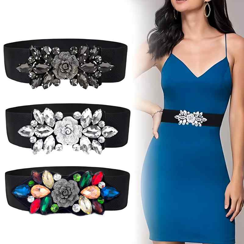 ベルト レディース 婦人用 ストレッチ 水晶 キラキラ おしゃれ 装飾 ゴムベルト スカート コート ワン..