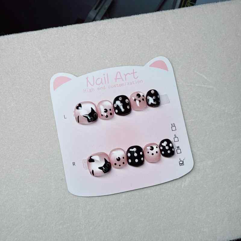 つけ爪 キッズ 子供用 猫 ネイルチップ ショート 手作り 猫目柄 かわいい おしゃれ 手描き風 爆光 取り..