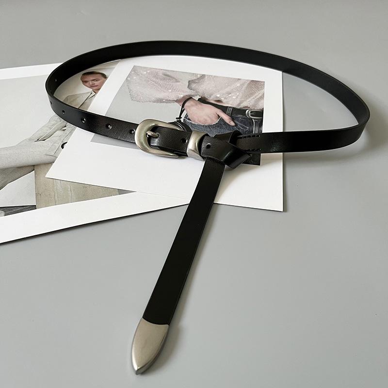 ベルト レディース 女性用 牛革 本革 レザー 細ベルト ジーンズ ジーパン 銀色 シルバー バックル レトロ アンティーク ハンドメイド 手作り ブラック 黒色(4.0)