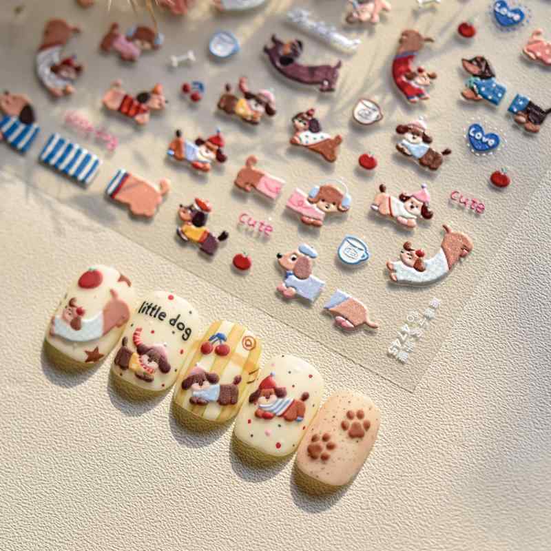 Other - ネイルシール 子供用ネイル 腊肠犬 ダックスフンド 犬柄 アニマル かわいい パステルカラー 立体 3D デコレーション 極薄 爪 アクセサリー