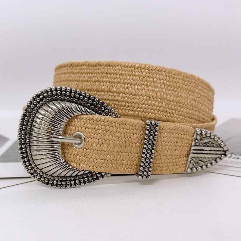 ベルト レディース PP草 編み込み 伸縮性 ウエストバンド ワンピース パンツスタイル 幅広 小麦色 エレガント スタイリッシュ(4.0)