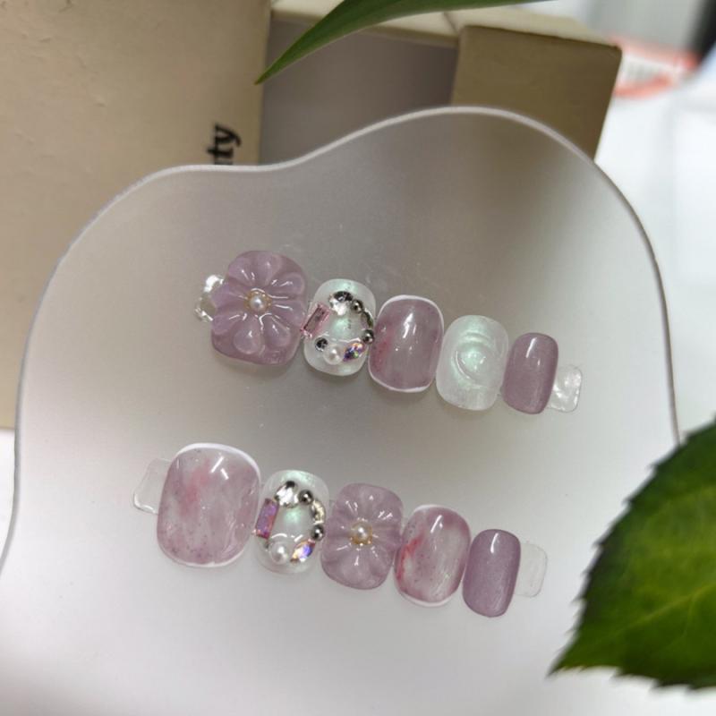 ネイルチップ レディース 春夏 淡いパープル パール フラワー グラデーション ファッション かわいい ..