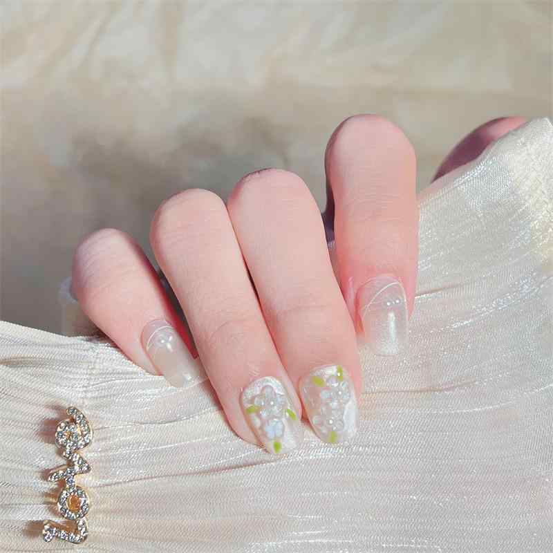 つけ爪 レディース ネイルチップ ショート 短め 手描き 猫目 猫眼 五弁花 カメリア 花柄 春夏 かわいい おしゃれ 淡色 上品