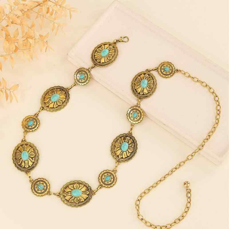 ベルト レディース 民族風 メタル チェーン ヒップホップ パンク レトロ 幾何学模様 オーバル 透かし彫り 花柄 ウエストチェーン ゴールド シルバー ブルー 合金 フック式 幅広