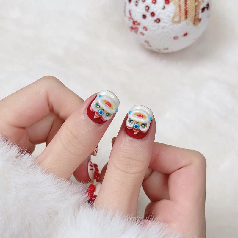 つけ爪 春節 短い かわいい カートン 獅子舞 ガール 手描き 3D 飴細工 中国風 XS S M L