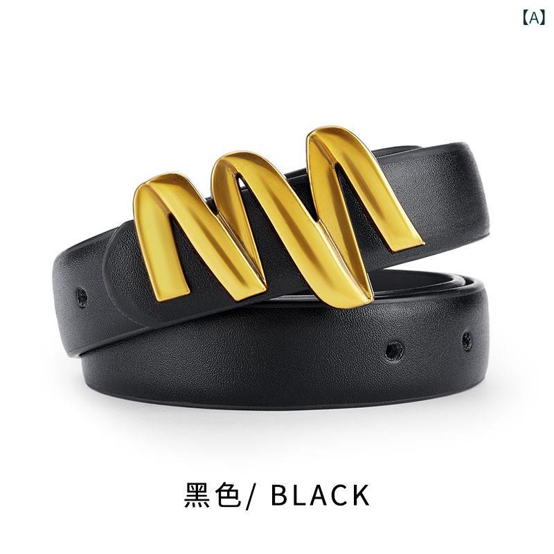 ベルト レディース 婦人用 レザーベルト 黒 ブラック 茶色 コーヒー色 Mバックル 合金バックル ファッション トレンド 韓国風 スタイル デニム ジーンズ おしゃれ かわいい レトロ エスニック アジアン テイスト 幅広 約100cm
