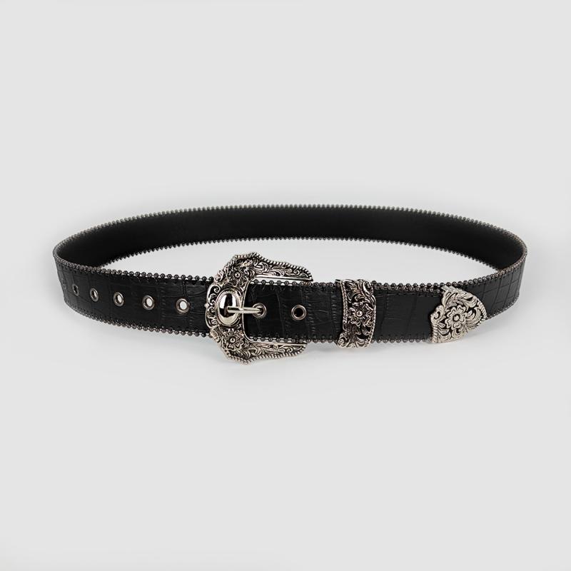 ベルト レディース ストーン柄 PUレザー ウエストベルト アメカジ レトロ INS風 パンク Y2K スカート パンツスタイル ブラック 合金バックル 幅広 普段使い お洒落 102cm 122cm(4.0)