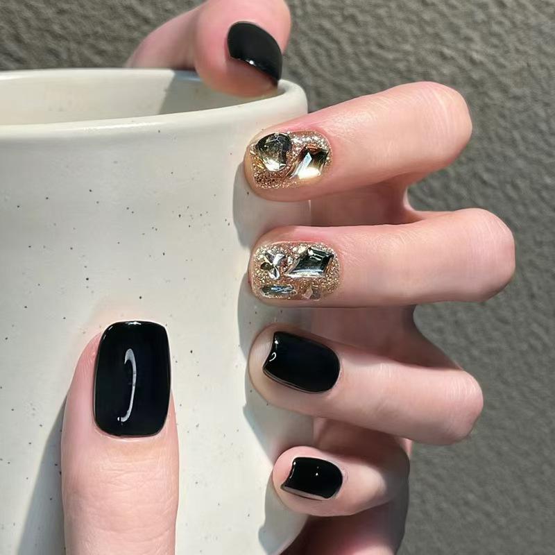 つけ爪 レディース シャンパンゴールド 黒 ブラック 爆光 グリッター ショート 手作り 付け爪 秋冬 透..