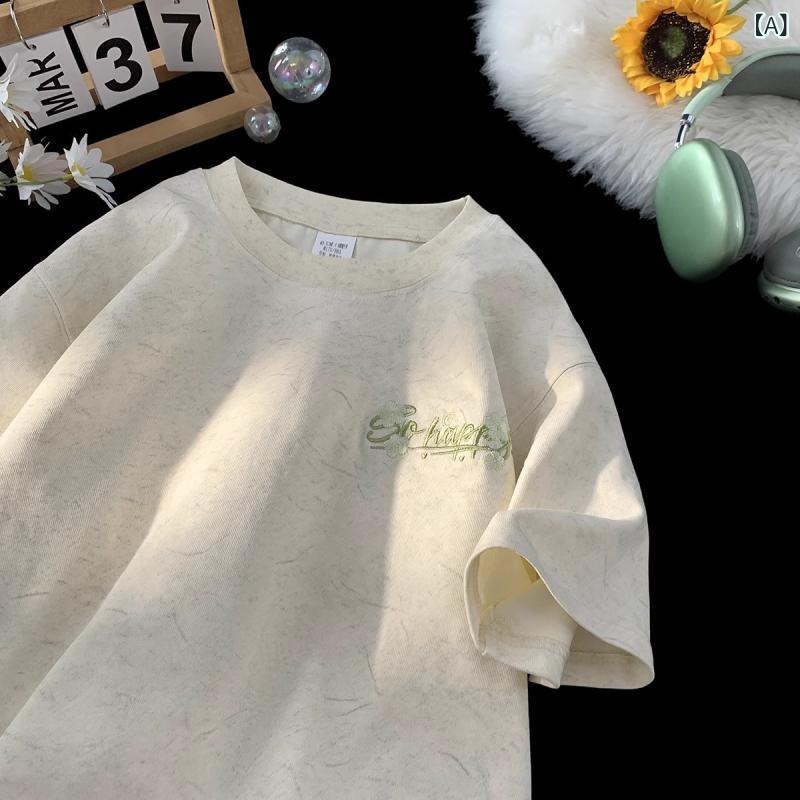 Tシャツ メンズ 短袖 港風 刺繍 半袖 ゆったり スポーツ ラウンドネック 綿混紡 透気性 杏 黒 白 夏 日常 青春 流行 2025年 潮牌 体恤 ..