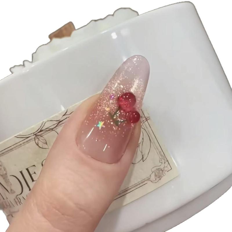 ネイルチップ レディース 猫目 大柄さくらんぼ フレンチ風 ハンドメイド 立体 手描き 超薄型 粘着材付き XSサイズ Sサイズ Mサイズ