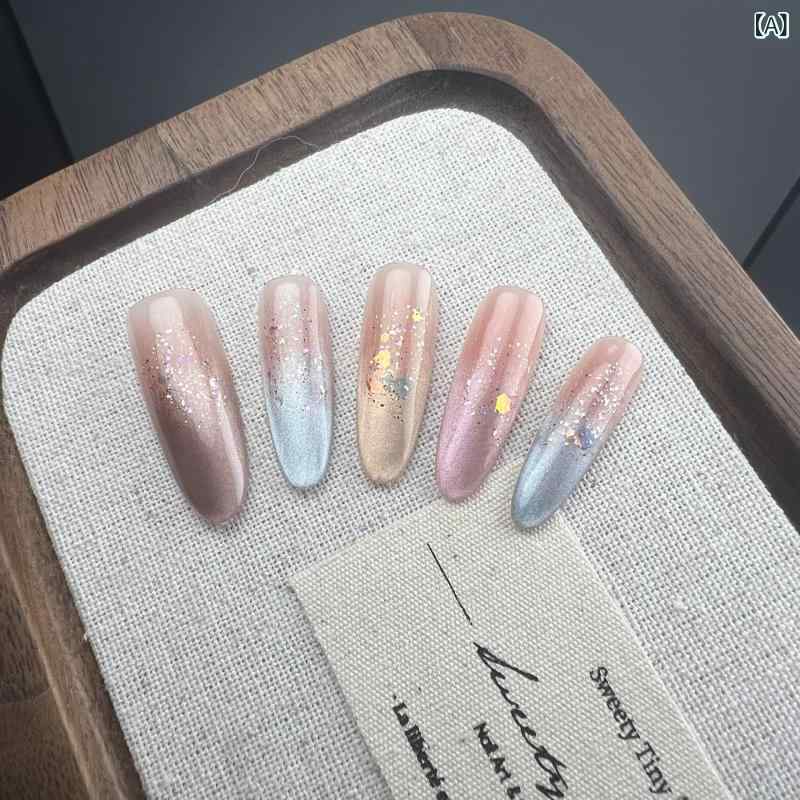 つけ爪 レディース サマー 猫眼ネイル フレンチ レインボー 虹色 グラデーション 貼るネイルチップ ハンドメイド XS S Mサイズ