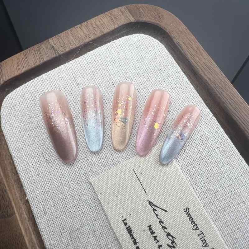 つけ爪 レディース サマー 猫眼ネイル フレンチ レインボー 虹色 グラデーション 貼るネイルチップ ハンドメイド XS S Mサイズ