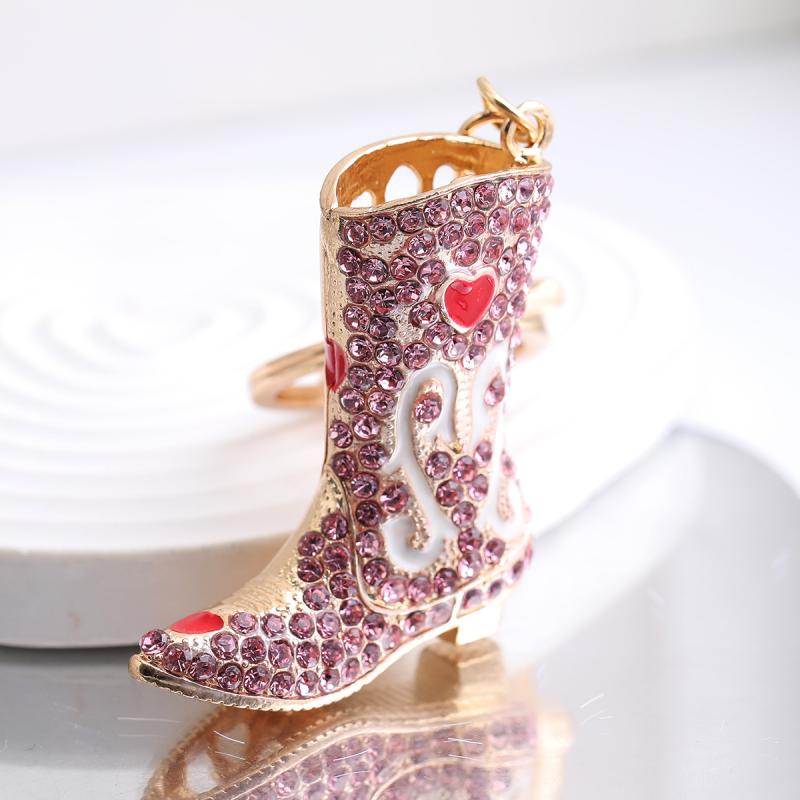 キーホルダー レディース バッグチャーム ラインストーン ピンク カウボーイブーツ メタル リング 結婚..