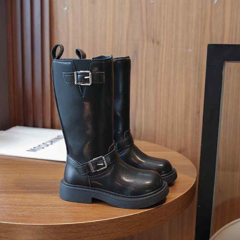 ブーツ キッズ 子供 女の子 ロングブーツ 秋冬 中高学年 PUレザー 合皮 ハイカット サイドジップ ブラ..