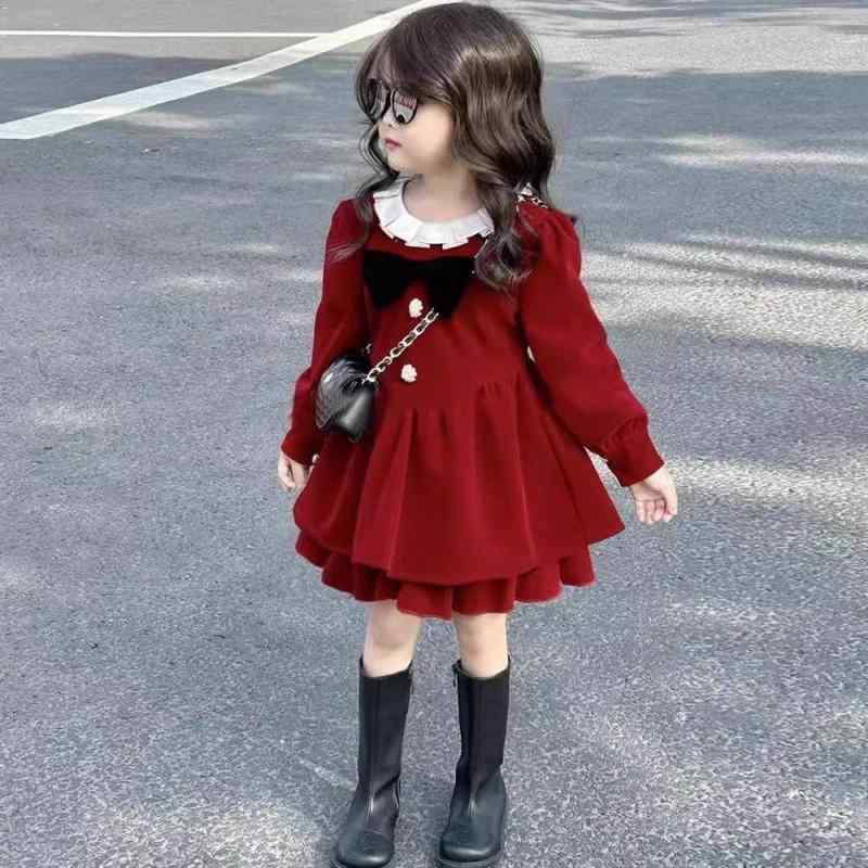 ワンピース キッズ 女の子 子供服 秋冬 長袖 チュール Aライン プリンセス 発表会 結婚式 праздничный 赤色 100cm 110cm 120cm 130cm 140cm 150cm