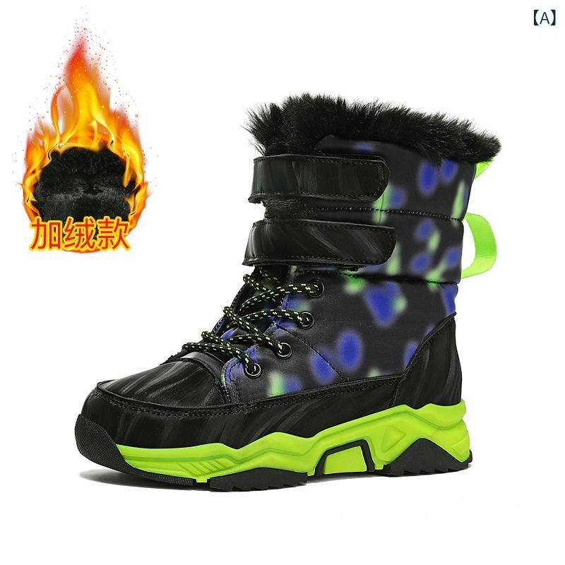 ブーツ キッズ 子供用 雪遊び スノーブーツ 裏起毛 あったか 滑り止め 7歳 8歳 9歳 10歳 11歳 12歳 13歳 14歳 15歳 16歳 男の子 女の子 人工皮革 黒 緑 青