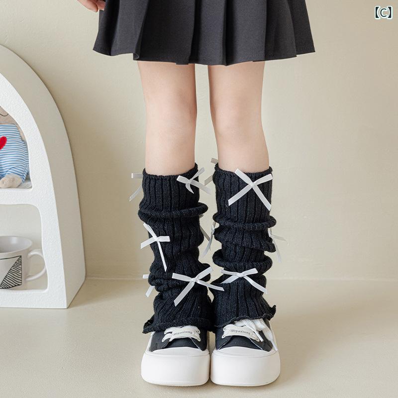 靴下 キッズ 女の子 ソックス レッグウォーマー 蝶結び ロリータ風 堆堆靴下 ニット 秋冬 バレエ風 赤色 白色 黒色 グレー(x3)