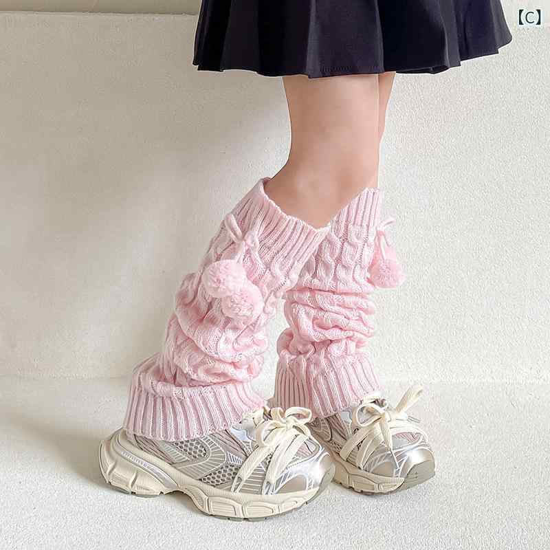 靴下 キッズ 女の子 秋冬 毛糸 ボール付き リブ編み 厚手 あったか レッグウォーマー 白 黒 ピンク系