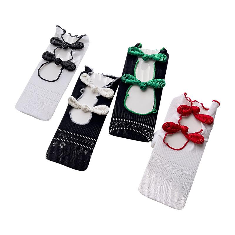 靴下 キッズ 女の子 春夏 薄手 レトロ チャイナドレス 飾りボタン かわいい 靴下 ハイソックス 白 黒 赤 緑(x3)